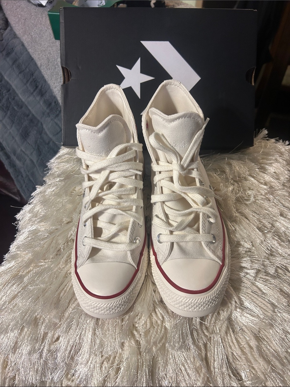 Converse High Top Canvas Sneakers in Cream with Red Trim